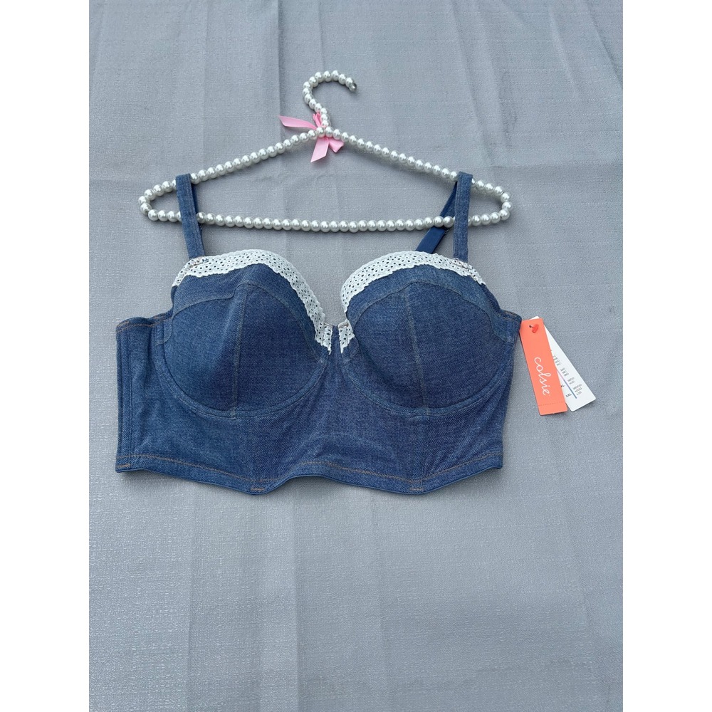 Colsie Women Denim Longline Bra Top XL Blue Lace Bodycon Underwire Corset Top